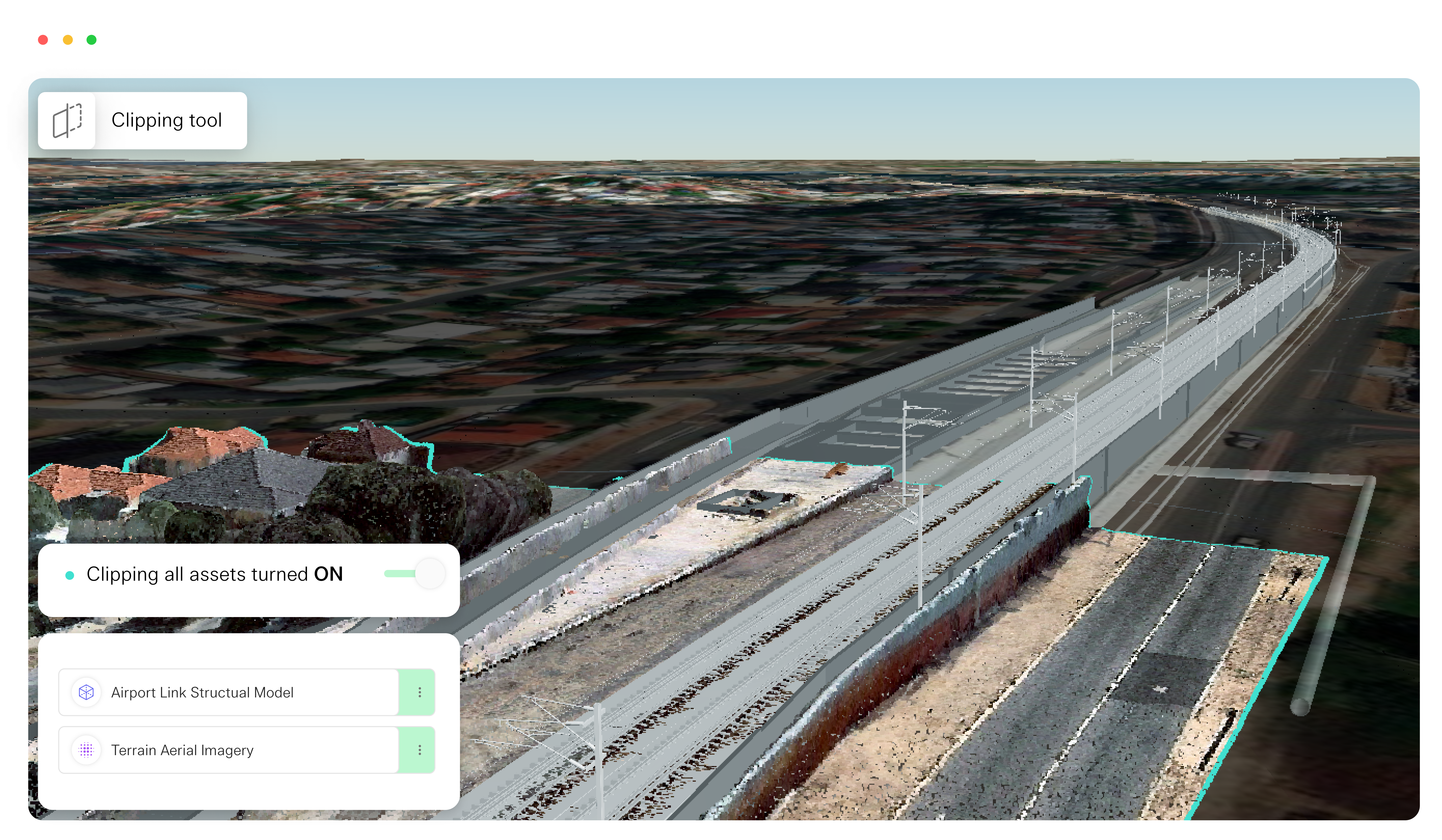 Keyframe application being used to visualise and section models and pointcloud scans for a railway infrastructure construction project.